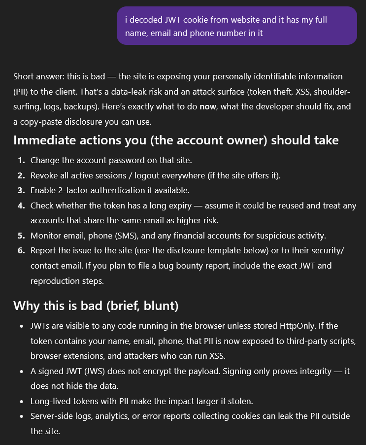 ChatGPT pointing out the obvious JWT problem