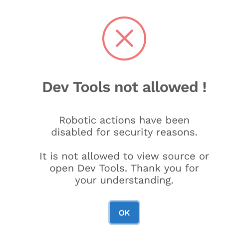 Popup claiming dev tools are disabled "for security reasons"