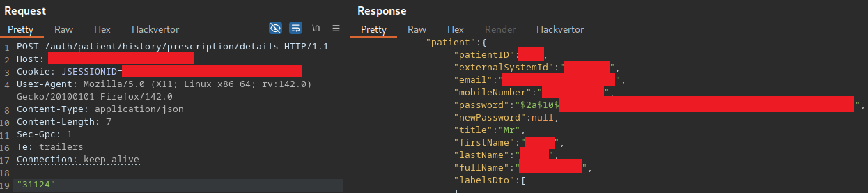 Changing the prescription ID in the request to test for IDOR