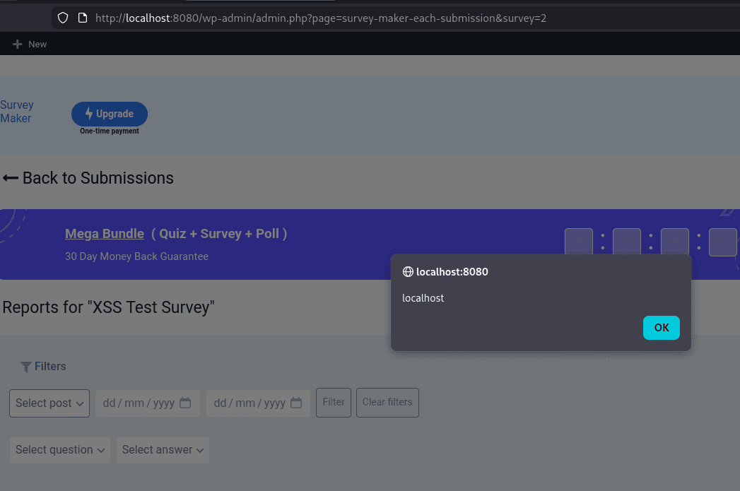 Stored XSS alert firing in the WordPress admin submissions page
