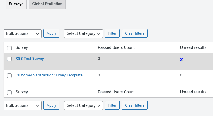 Survey Maker submissions list showing unread results for the poisoned survey