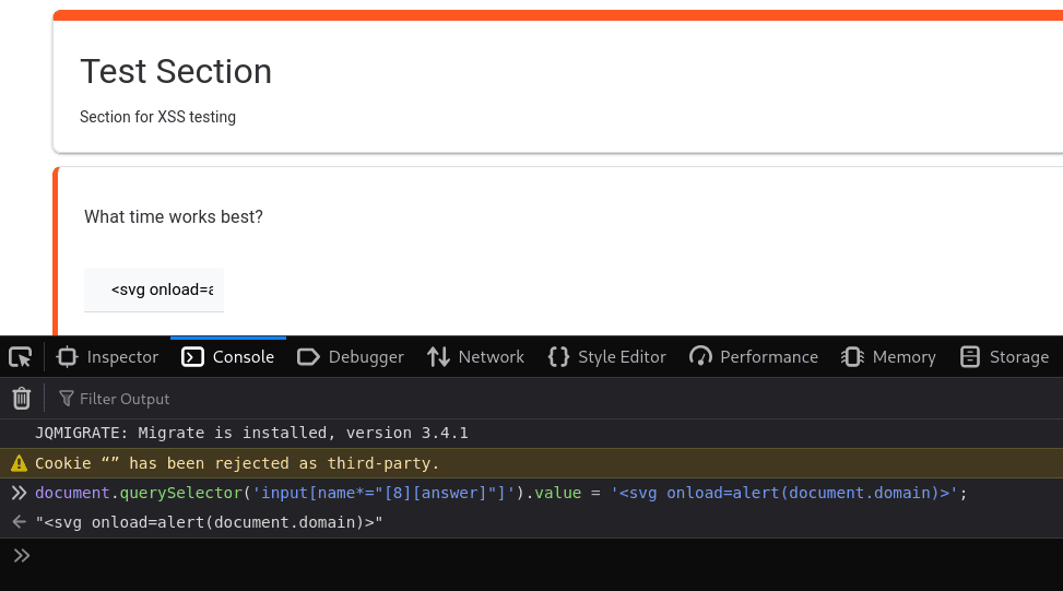 Injecting the SVG onload payload into the Survey Maker time answer field using browser devtools