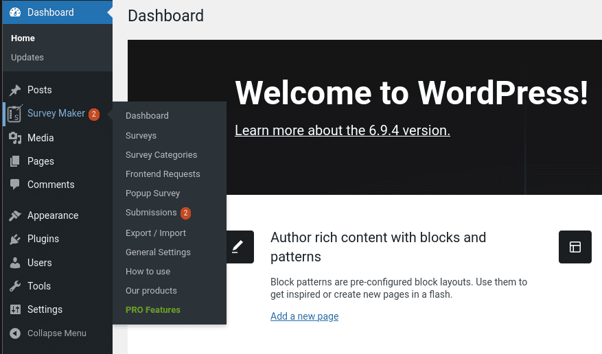 WordPress admin menu showing the Survey Maker submissions area