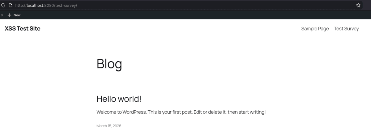 WordPress test site used for the Survey Maker stored XSS reproduction
