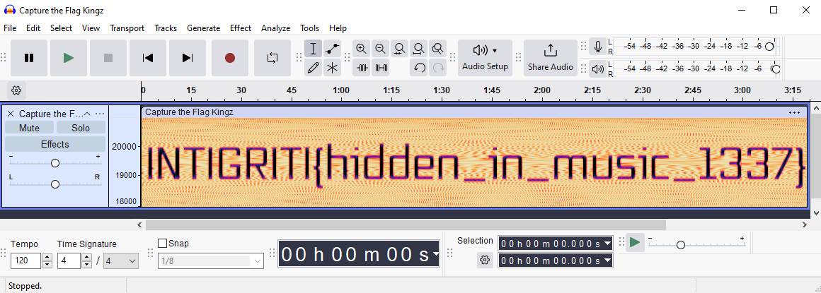Spectrogram zoomed to 18–21kHz revealing hidden flag