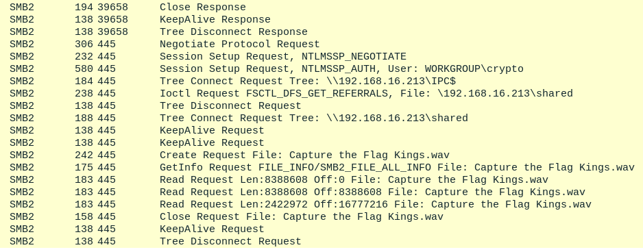SMB traffic filtered in Wireshark showing file transfer