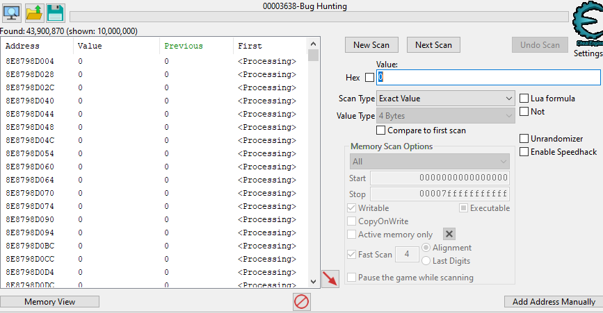 Cheat Engine attached to game with initial memory scan