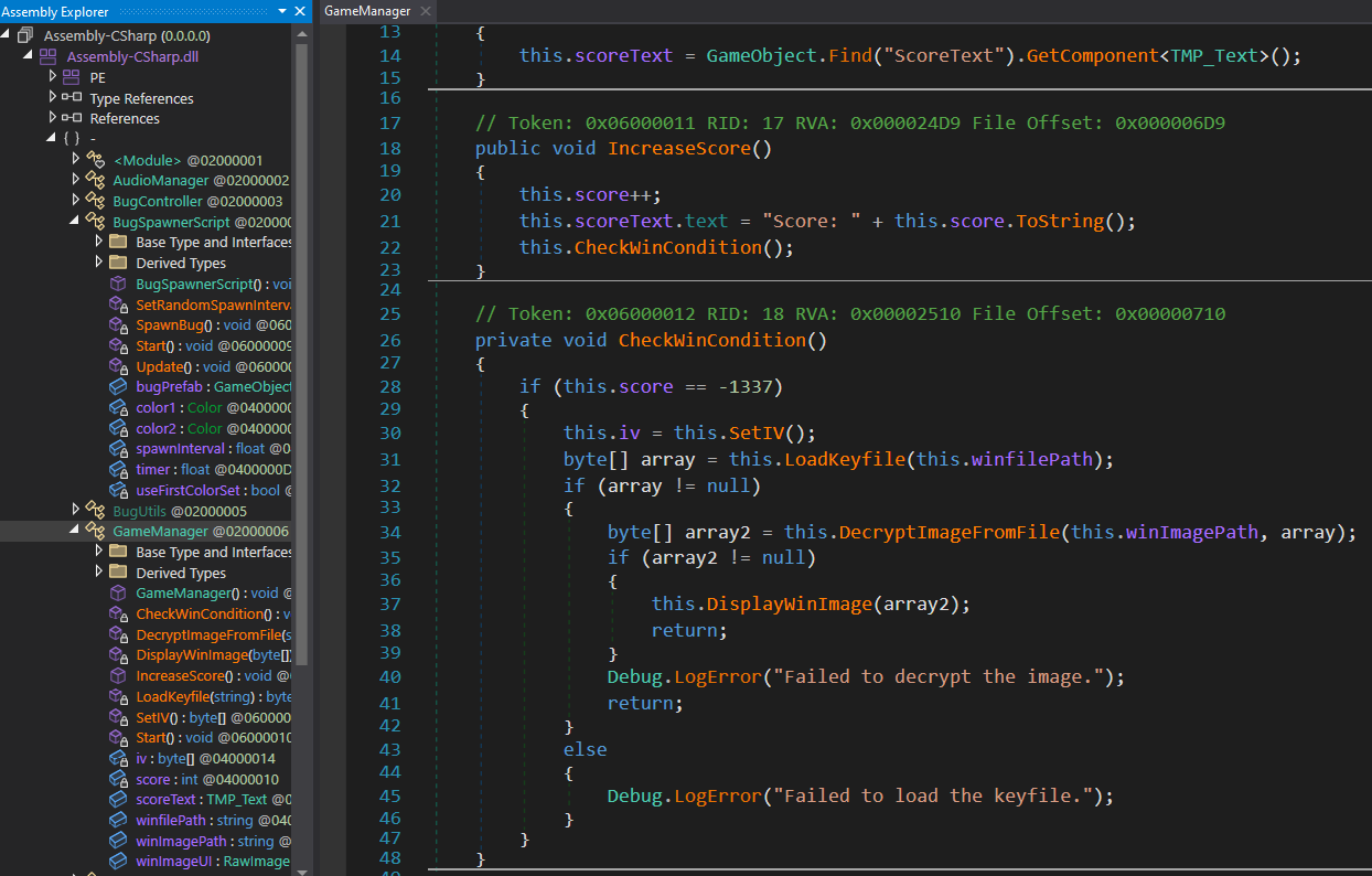Decompiled Unity code showing impossible win condition