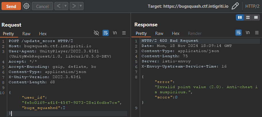 Server response showing anti-cheat triggering and score reset