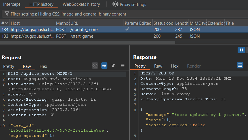 Intercepted update_score request sent when squashing bugs
