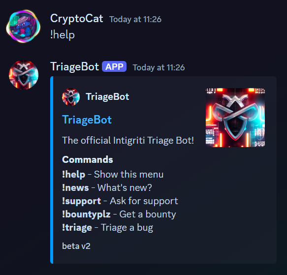 Discord bot help menu showing available commands