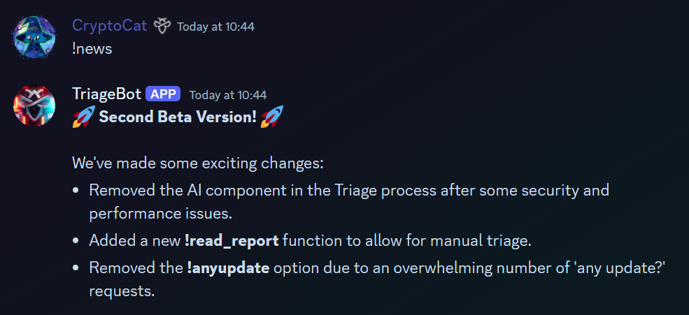 Bot news message announcing new read_report command