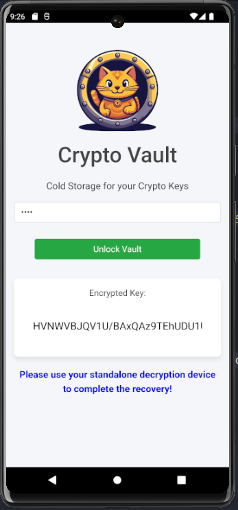 App screen showing the generated encrypted key