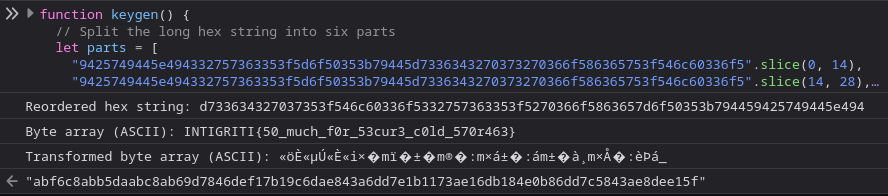 Devtools output showing the recovered flag