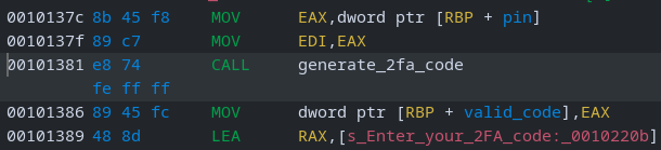 pwndbg breakpoint after generate_2fa_code showing the generated 2FA value in the EAX register