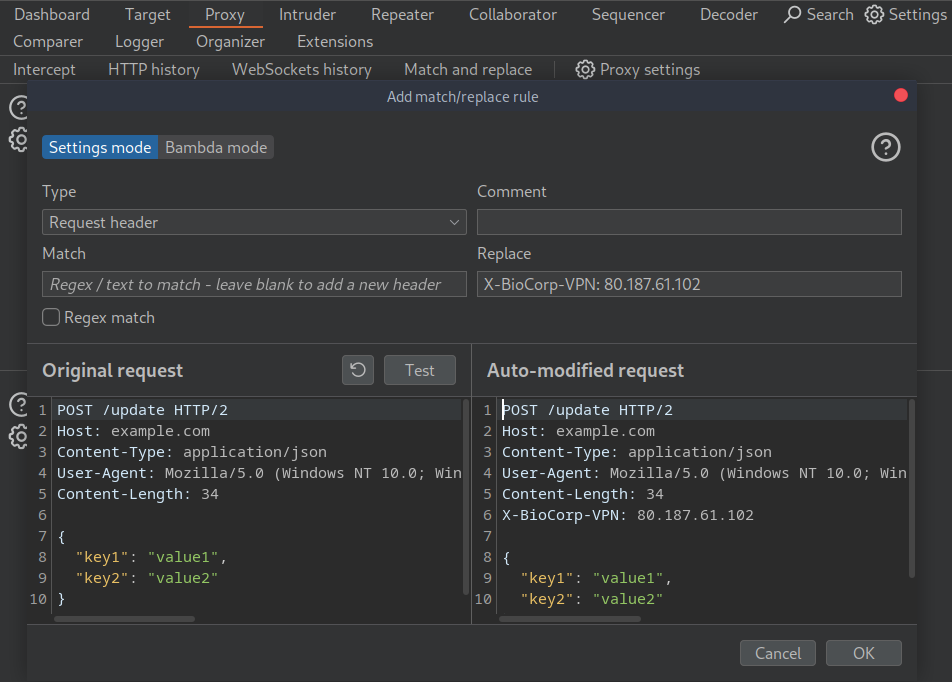 burp suite showing spoofed X-BioCorp-VPN header to access hidden panel