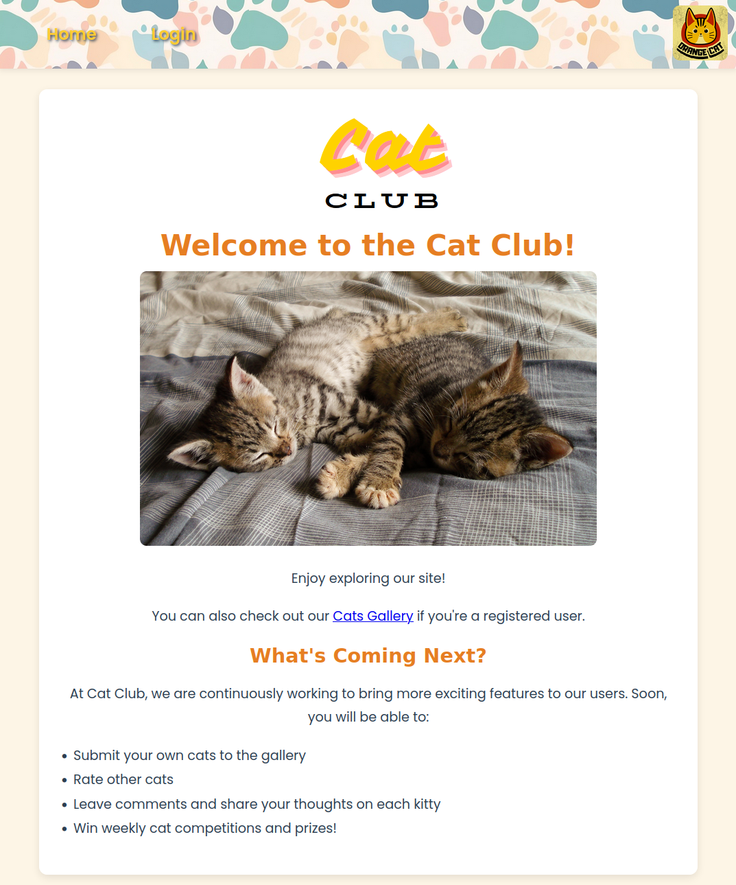 Cat gallery homepage showing random cat images before authentication