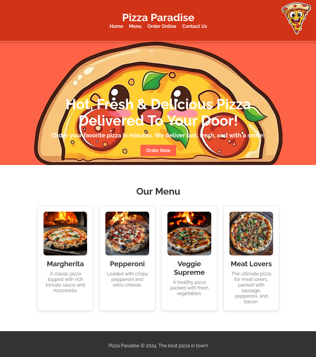 Pizza Paradise storefront homepage showing the public-facing pizza ordering website