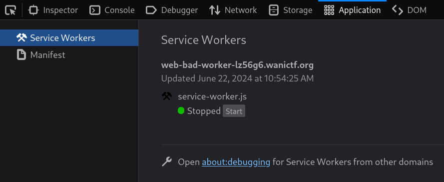 Service worker registered in application tab