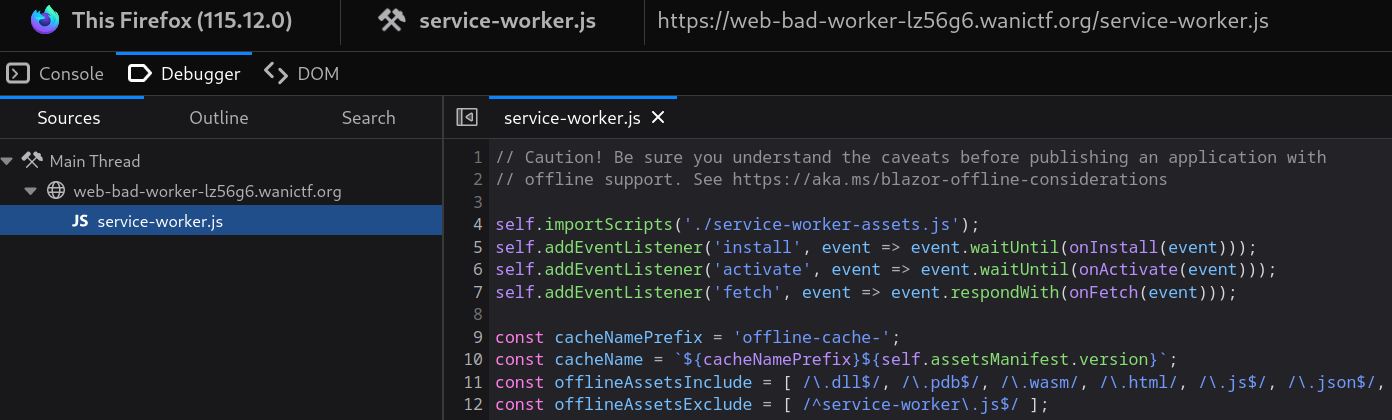 Inspecting service-worker.js source code