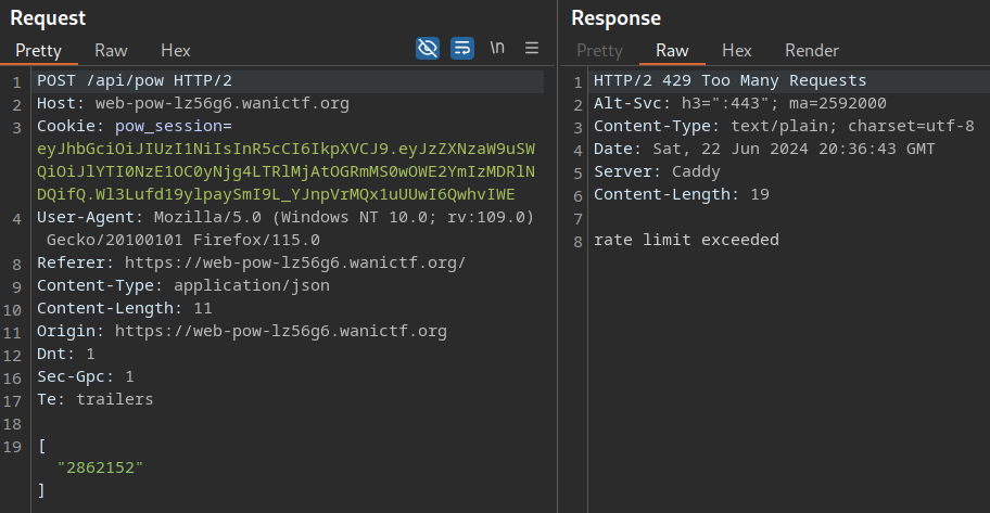 PoW API request showing array-based submission