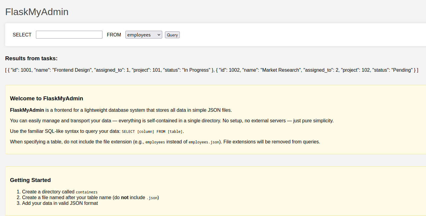 FlaskMyAdmin interface showing select query against tasks container