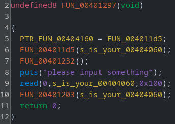 Ghidra showing decompiled main function that reads 256 bytes into a global buffer then calls exec_code