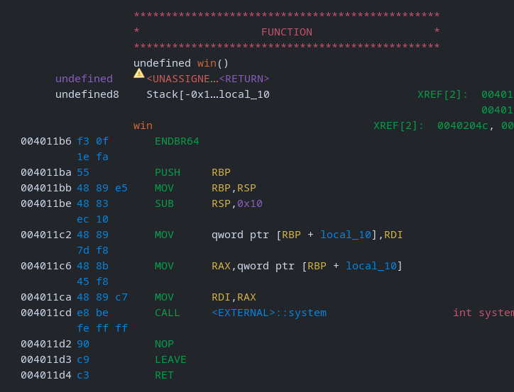 Ghidra showing win() function wrapping system(param) used to execute /bin/sh