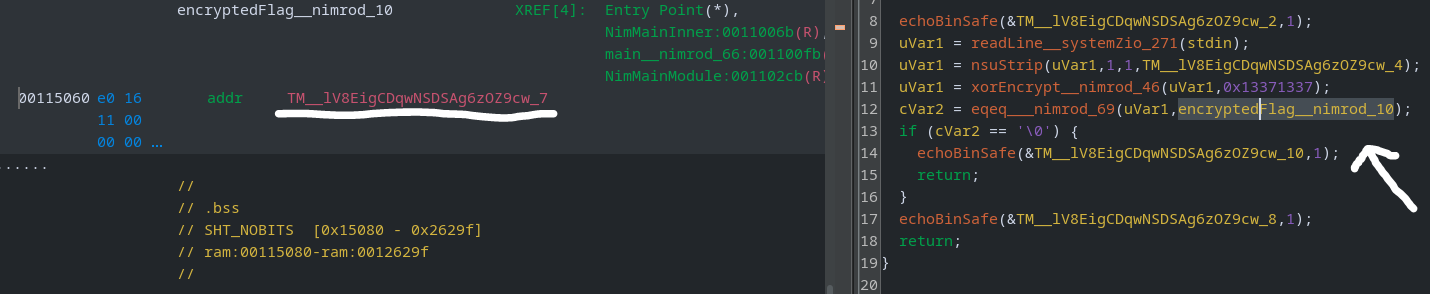 Ghidra view highlighting the encryptedFlag__nimrod_10 reference/pointer used in the comparison logic
