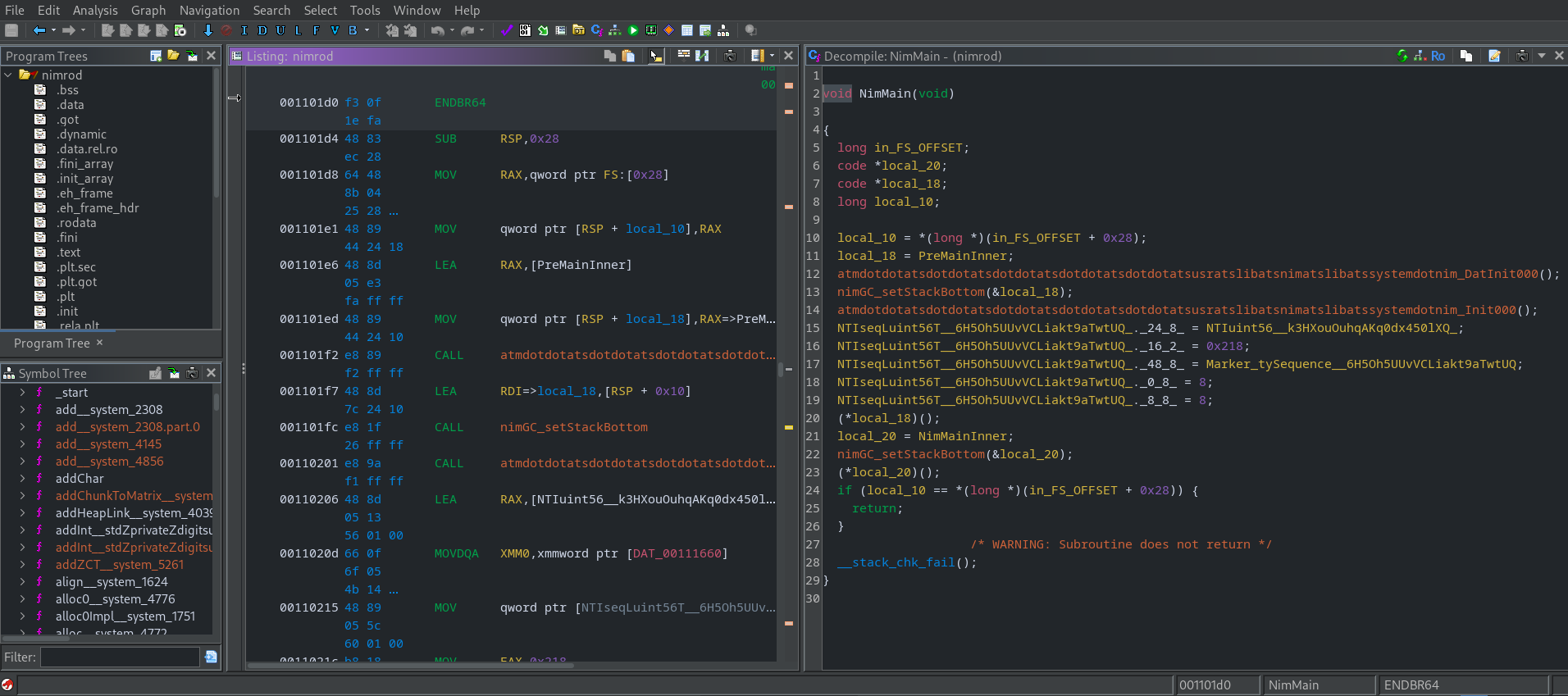 Ghidra showing the Nimrod binary loaded, with the function list and main-related code visible