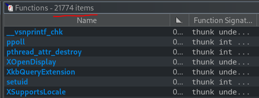 Ghidra function list showing Go-generated symbols