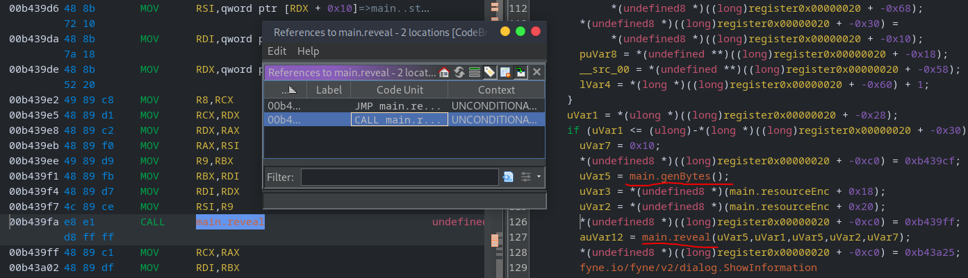 Ghidra view of the reveal function used after verification