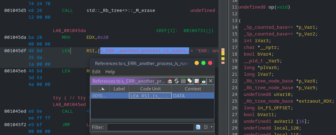 Ghidra cross-references to the error message string