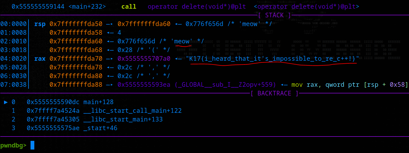 Debugger view showing the decoded flag in memory after hitting the breakpoint