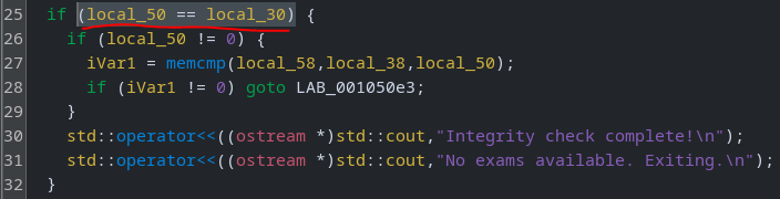 Ghidra view of the password length comparison instruction used for breakpoint