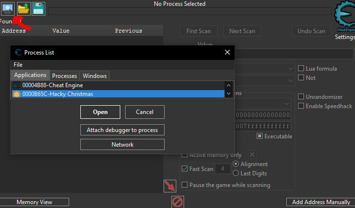 Cheat Engine attached to the running Unity game process