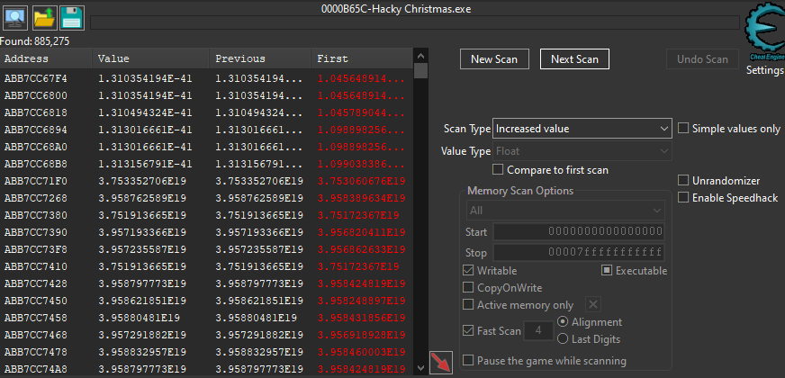Filtering Cheat Engine results by selecting increased float values after player movement