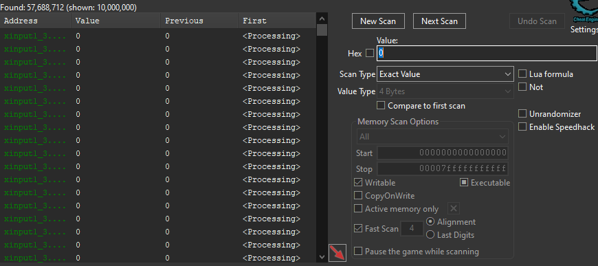 New Cheat Engine scan for 4-byte score value starting at zero