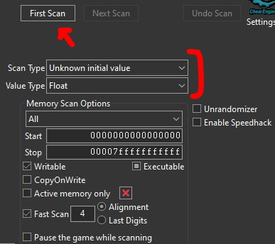 Initial Cheat Engine scan for unknown float values representing player coordinates