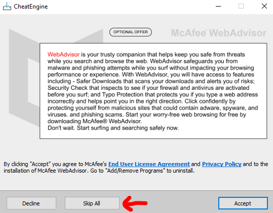 Cheat Engine installer used for memory analysis and game hacking