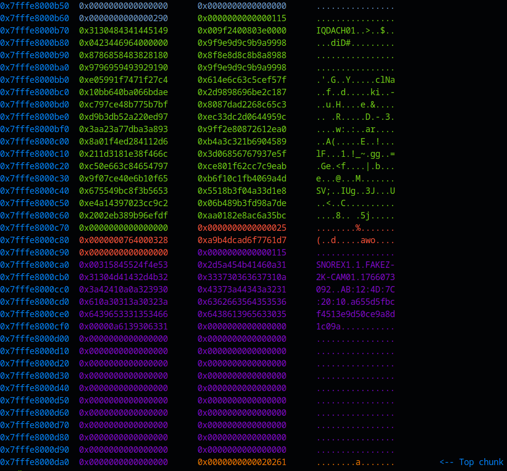 pwndbg heap visualisation where IQ buffer is allocated before encrypt_data in the same non-main arena, enabling the OOB read to leak SNOREX1 and encrypt_str