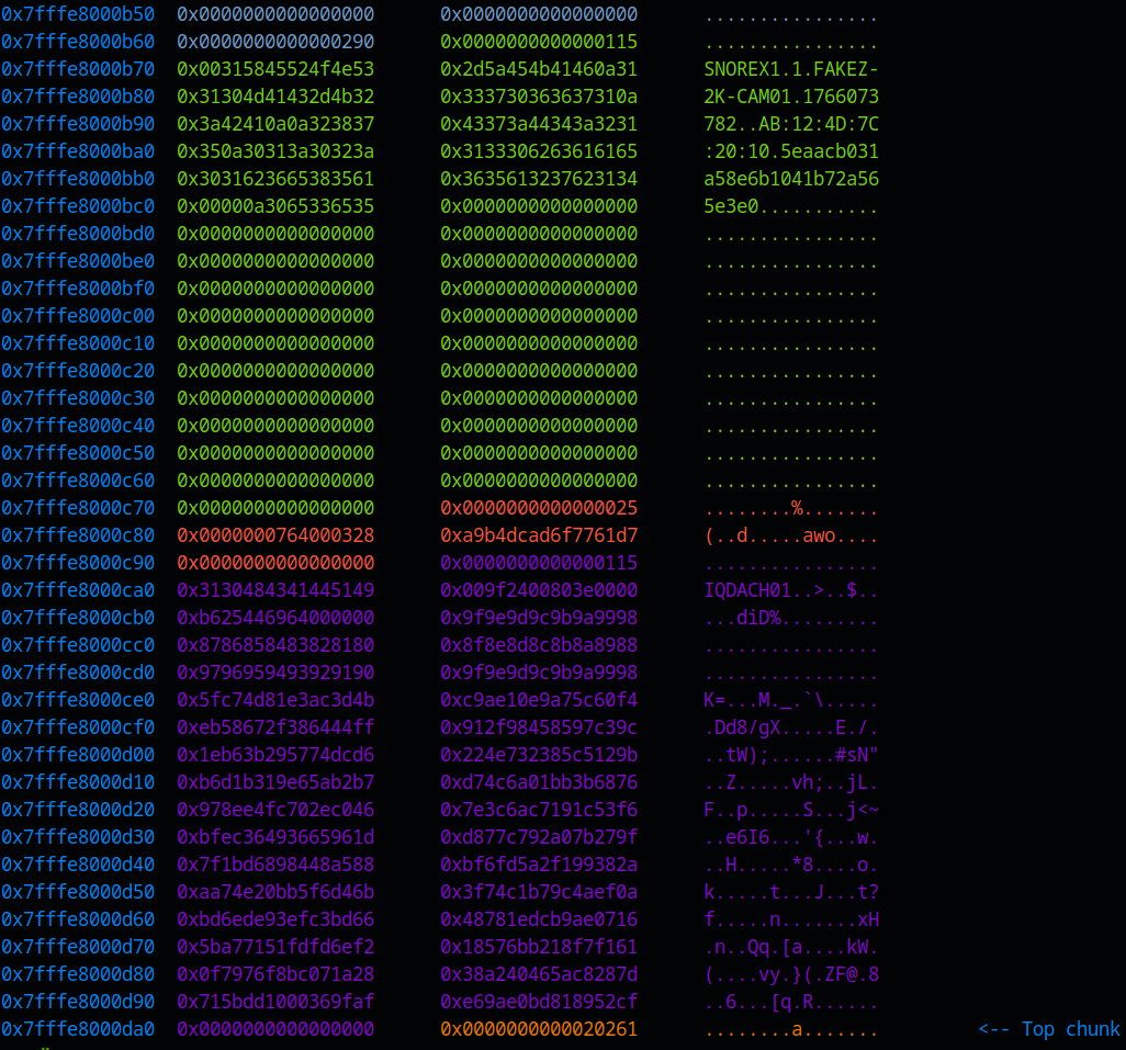 pwndbg heap visualisation where IQ buffer is allocated after encrypt_data in the same arena, so the OOB read misses SNOREX1 due to allocator reuse swapping chunk order