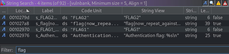 Ghidra string search results for "flag" highlighting the flag print locations used to trace execution paths