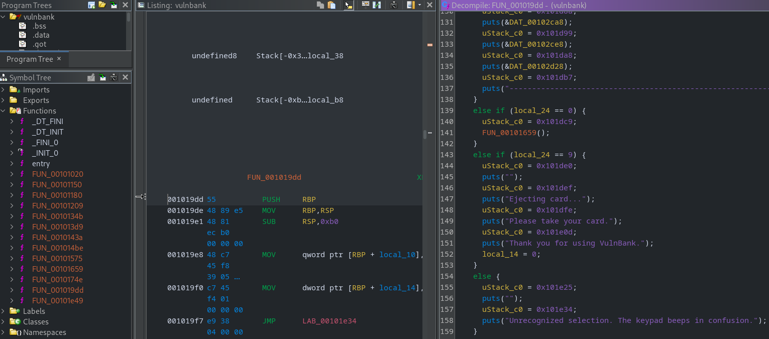 Ghidra initial view of the stripped vulnbank binary, showing unnamed functions and the entry flow for manual renaming