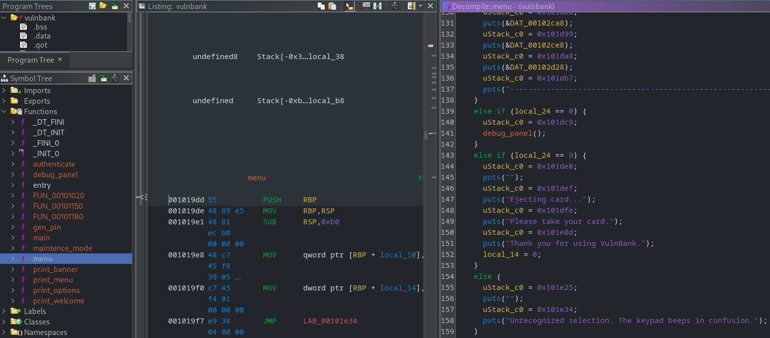 Ghidra after renaming key functions and variables to match behaviour for faster navigation and analysis