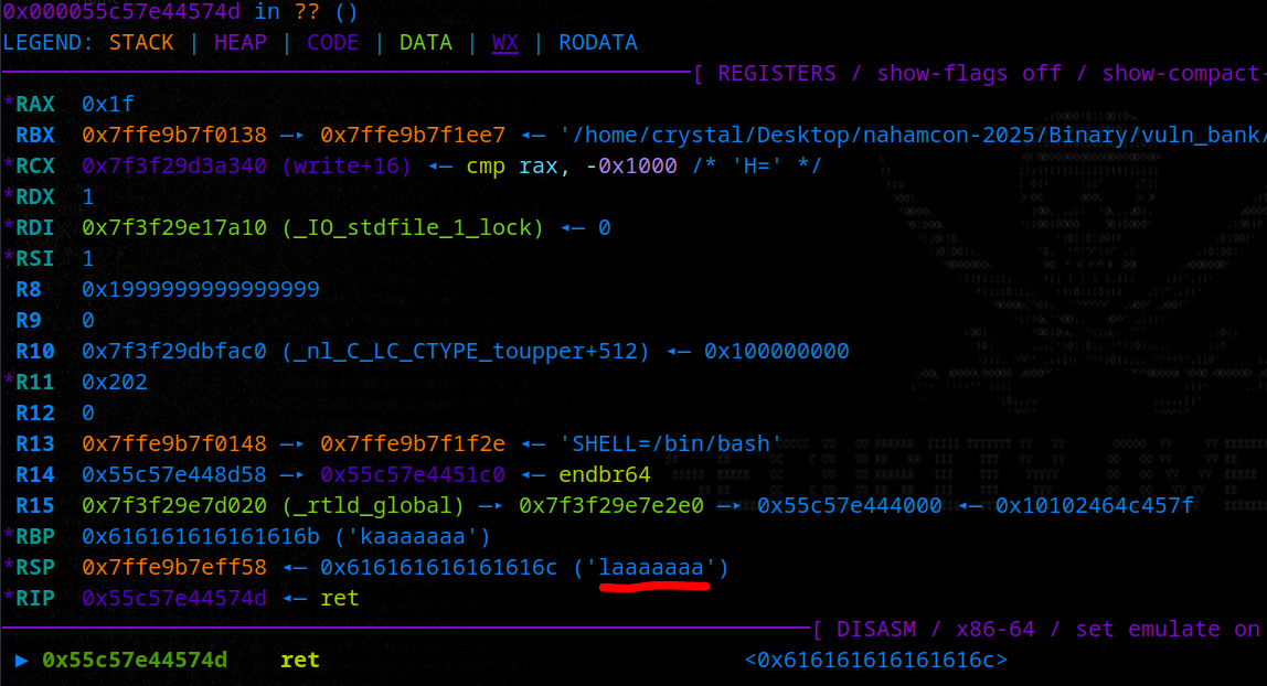 pwndbg crash view after sending a cyclic pattern into the service terminal, used to calculate the RIP overwrite offset