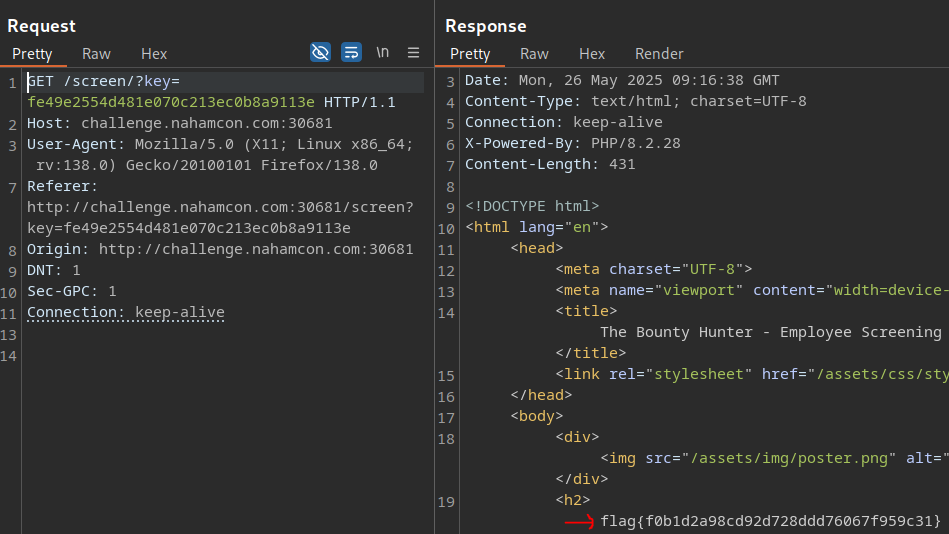 Accessing the /screen endpoint with the valid key to retrieve the flag