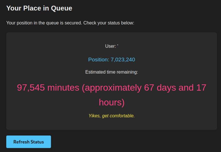 Ticket purchase page showing an extremely long queue wait time