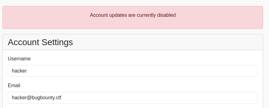 Account settings page showing updates disabled error